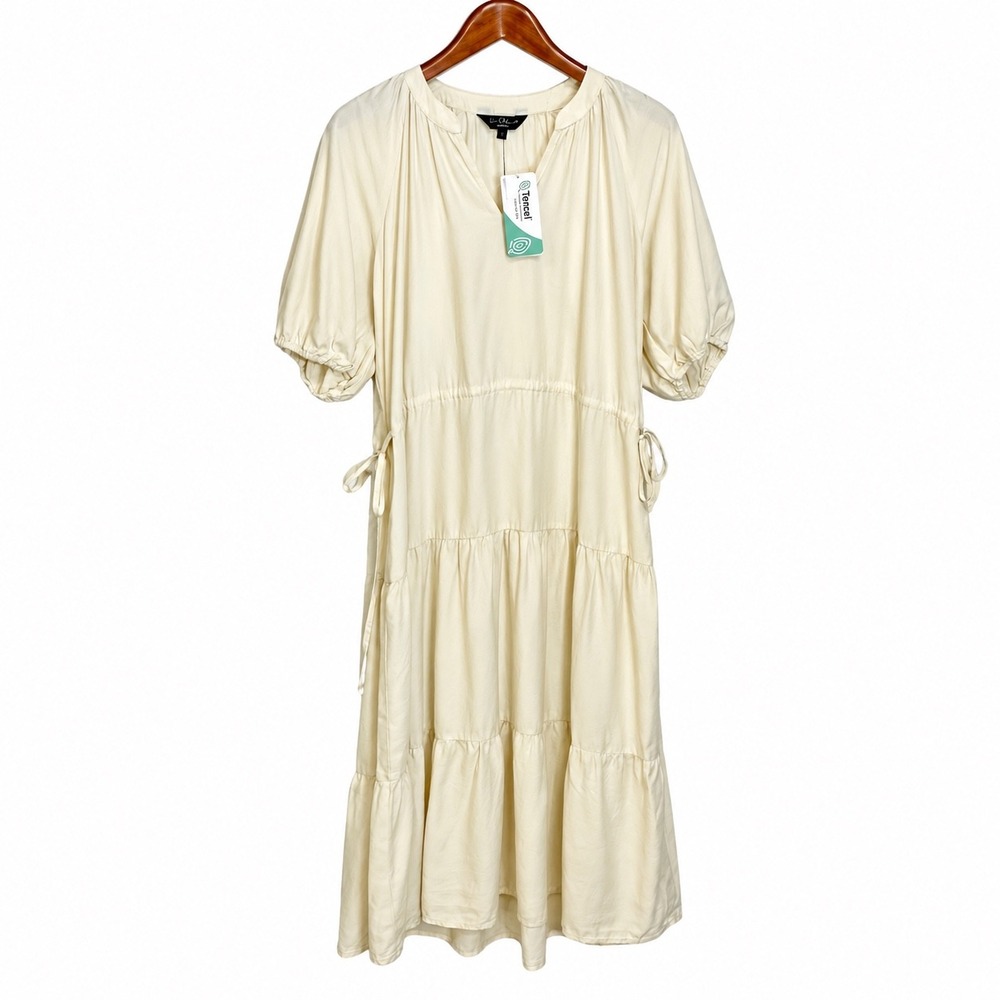 Velvet Heart Cream Tencel Tiered Midi Dress Puff Sleeve Split Neck L NWT